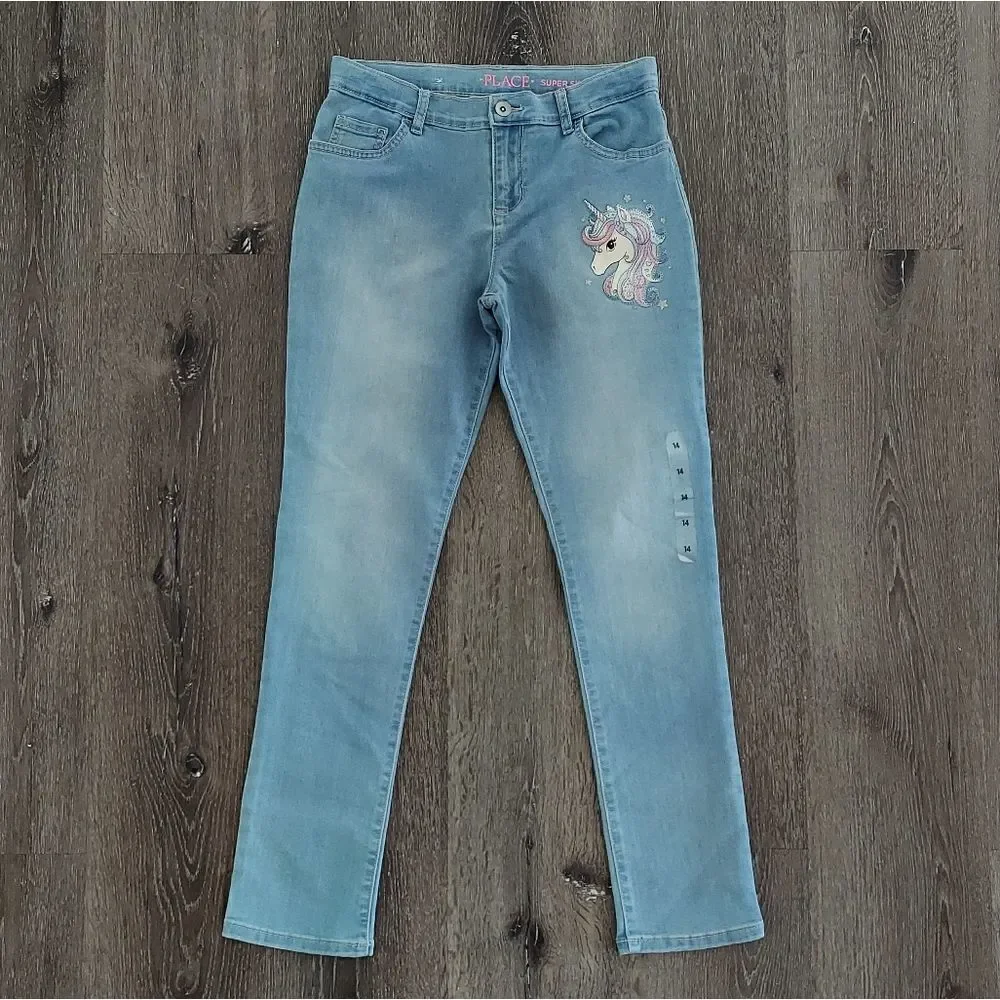 The Children's Place Girls Unicorn Graphic Super Skinny Jeans Size 14
